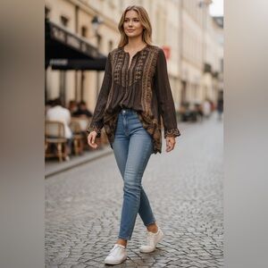 JOHNNY WAS Dark Brown Tunic with tonal embroidery and lace, M